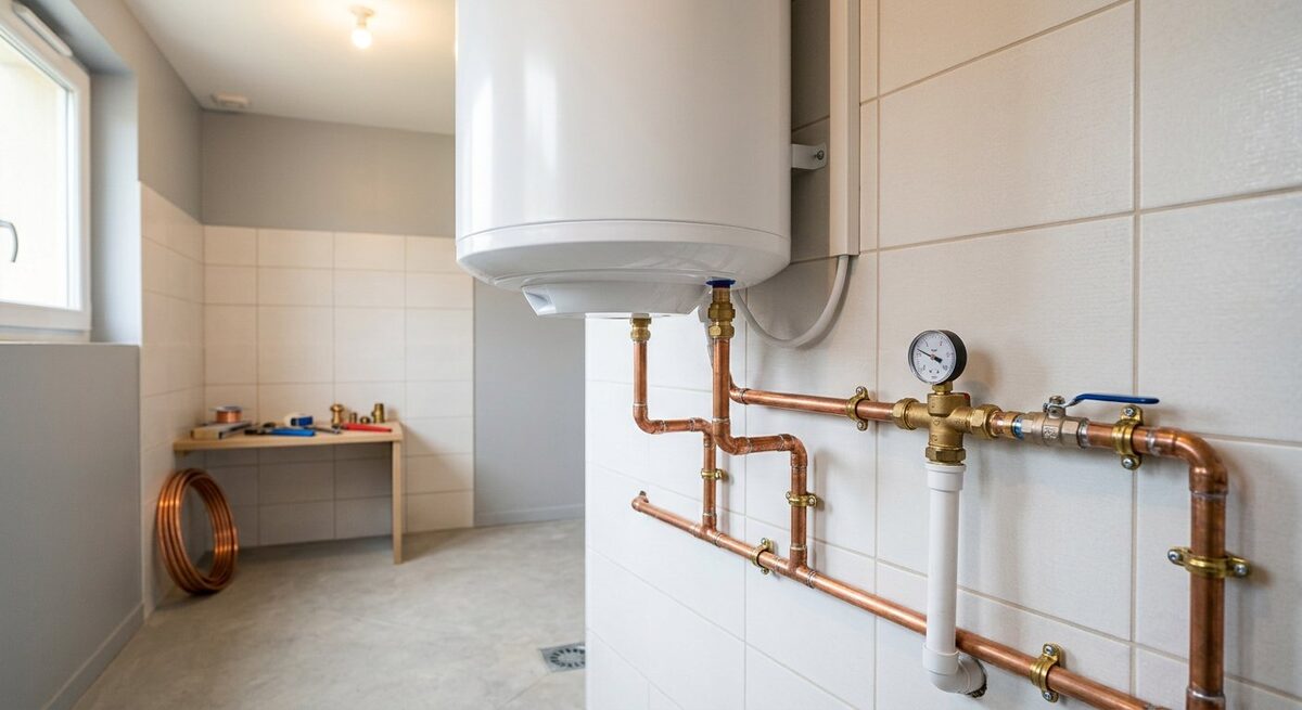Chauffe-eau électrique mural (ballon d'eau chaude) avec tuyauterie cuivre, installé par Plombier Reparé.com